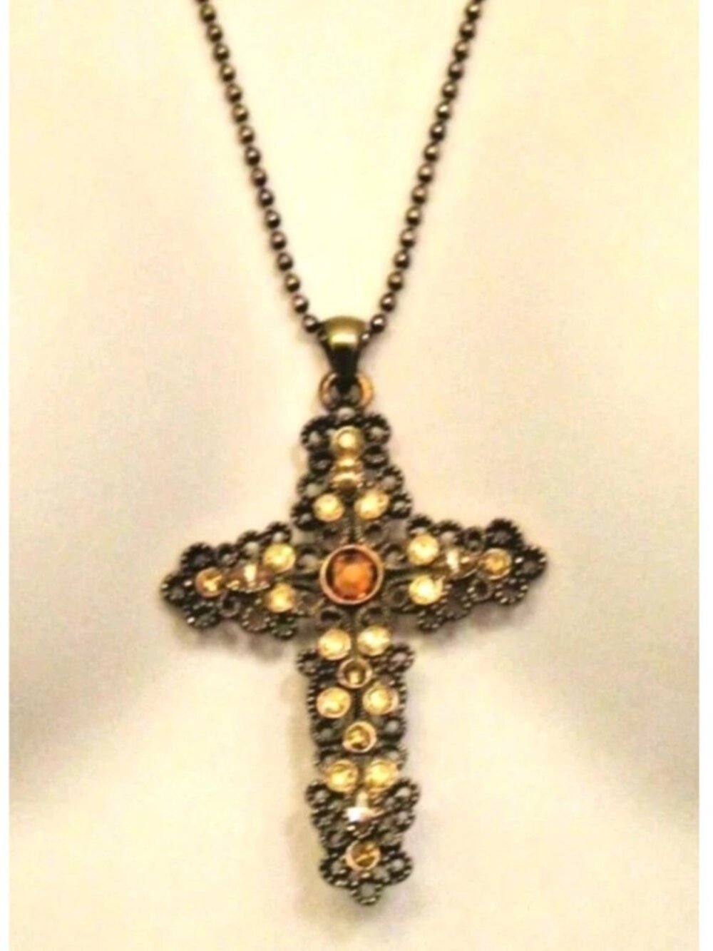Vintage Copper Tone Cut Out Scrolled Rhinestone Cross  Necklace 1980s